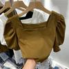 WTEMPO Retro Puff Sleeve Square Collar Short Sleeve T-Shirts Women's Summer Casual Solid Shirts Streetwear