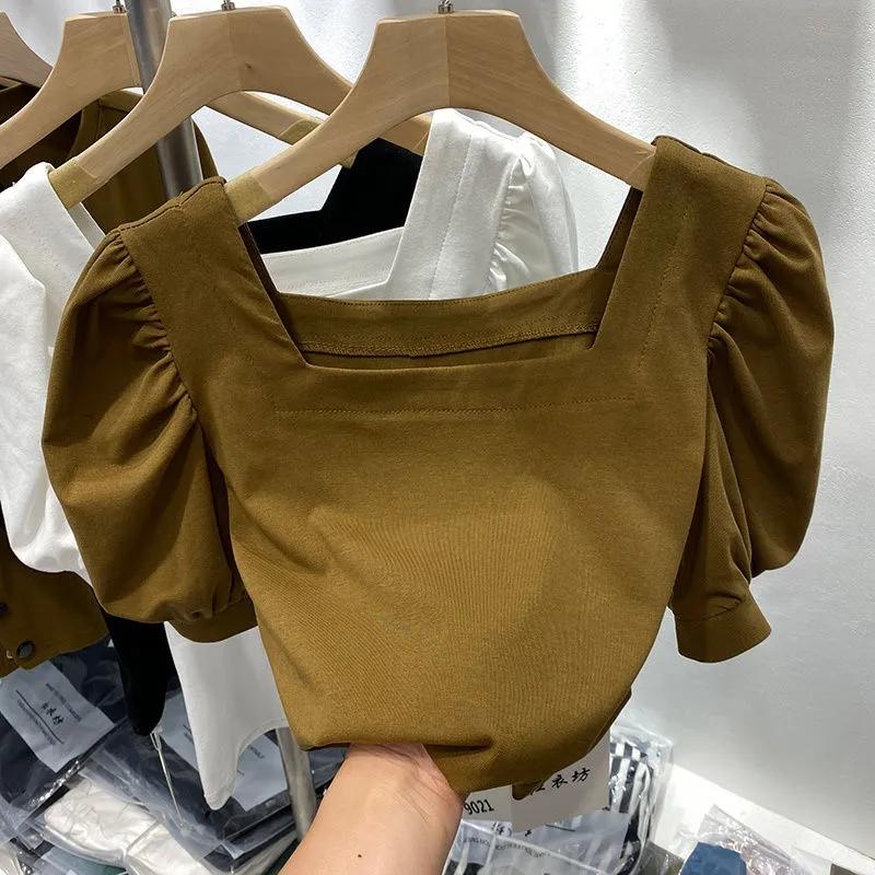 WTEMPO Retro Puff Sleeve Square Collar Short Sleeve T-Shirts Women's Summer Casual Solid Shirts Streetwear