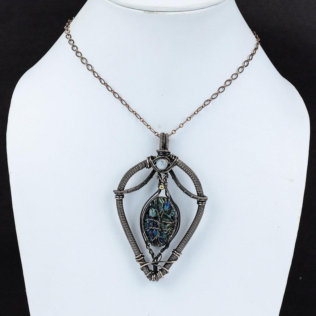 Подвеска из ракушки «Дерево жизни», подвеска из драгоценного камня, обернутая медной проволокой, подвеска из радужного лунного камня, подвеска ручной работы, красивые медные украшения