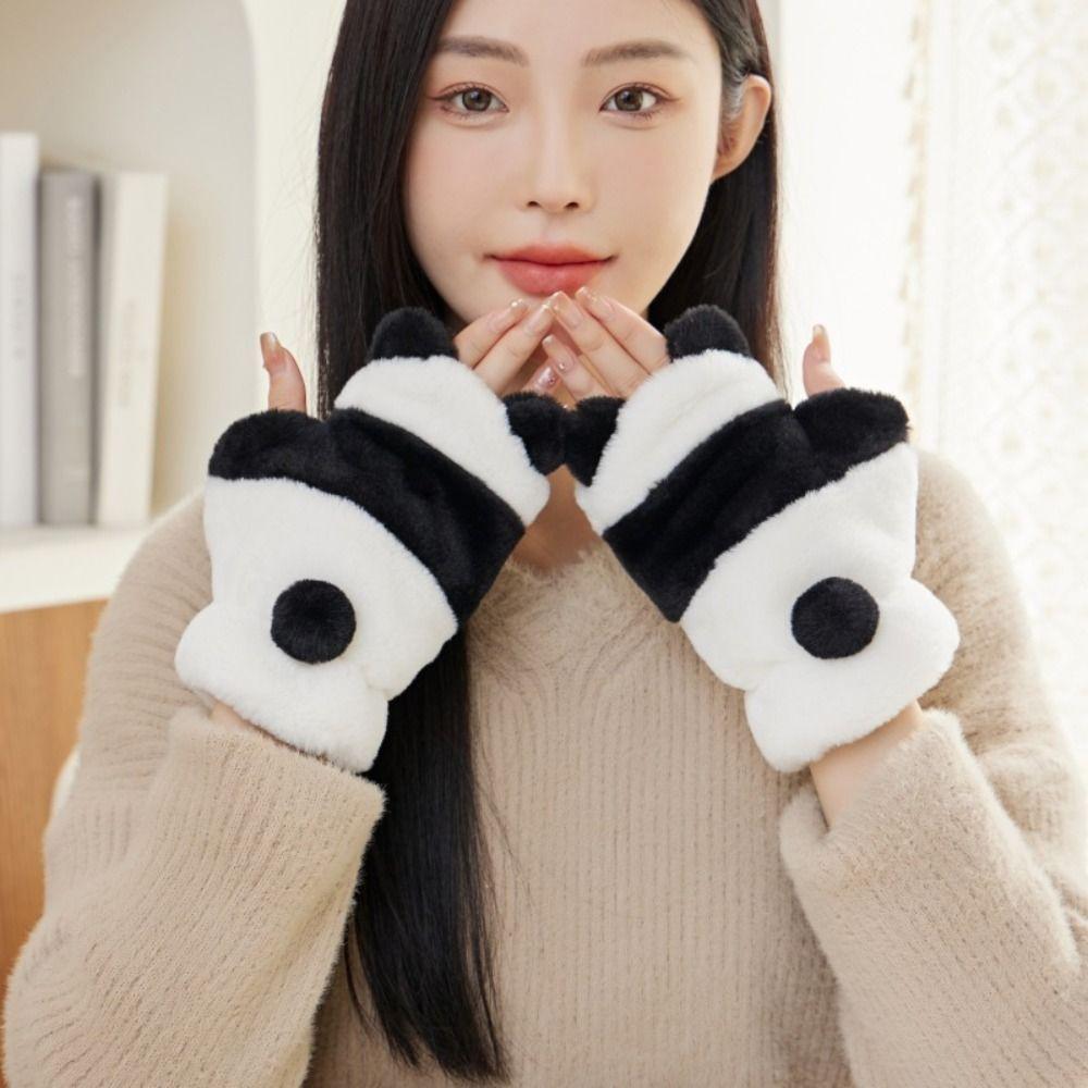Half Finger Gloves Korean Style Winter Velvet Mittens Panda Plush Gloves Outdoor