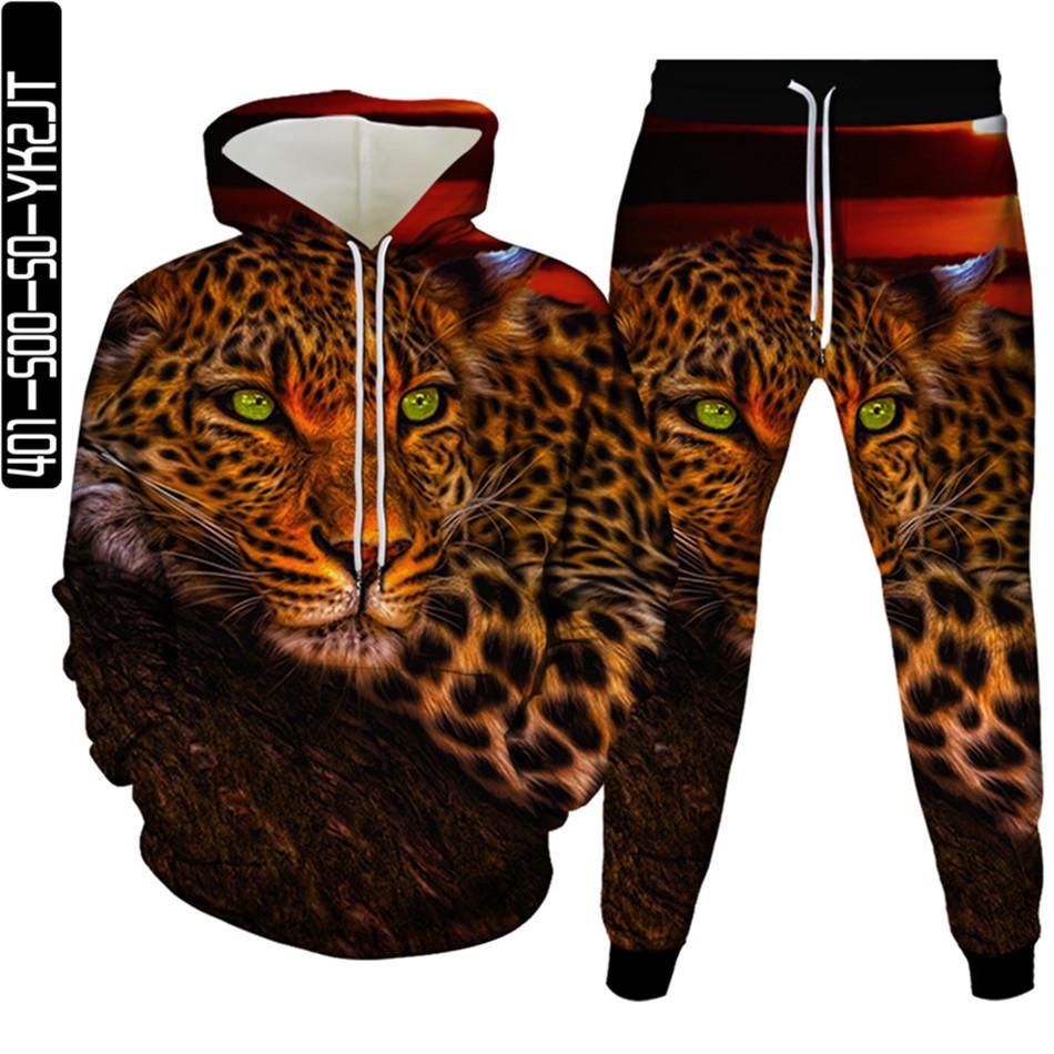 Весенне-осенний мужской спортивный костюм с 3D принтом животных и леопарда, 2 предмета, женский спортивный костюм больших размеров S-6XL, одежда с капюшоном и брюками, спортивный комплект