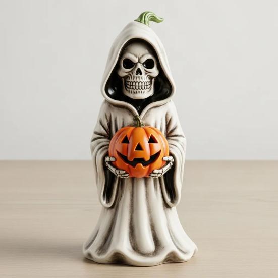 Хэллоуин Череп Тыква Фигурка Смола Скелет Держащий Тыкву Статуэтка Жуткие Настольные Украшения для Домашнего Декора