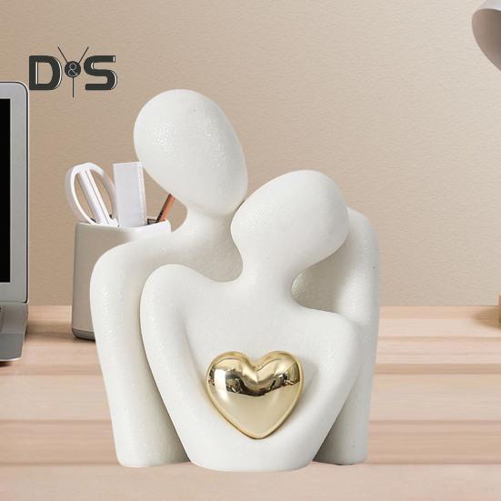 Ceramic Couple Hug Figurine with Golden Love Heart Men Women Embrace Statue Sculpture Living Room Bedroom Desktop Decoration Wedding Anniversary Gifts
