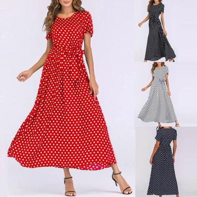 Модное женское пляжное длинное платье макси в горошек с коротким рукавом