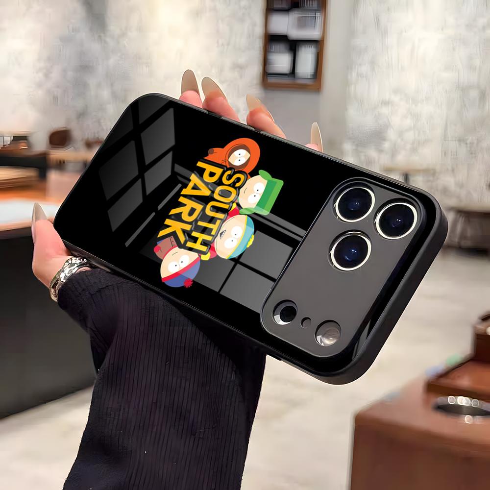 Смешной чехол для телефона S-South P-Park для IPhone 17 Air 16 E Pro Max 15 14 13 Mini 12 Pro 11 Max Plus Черная стеклянная крышка