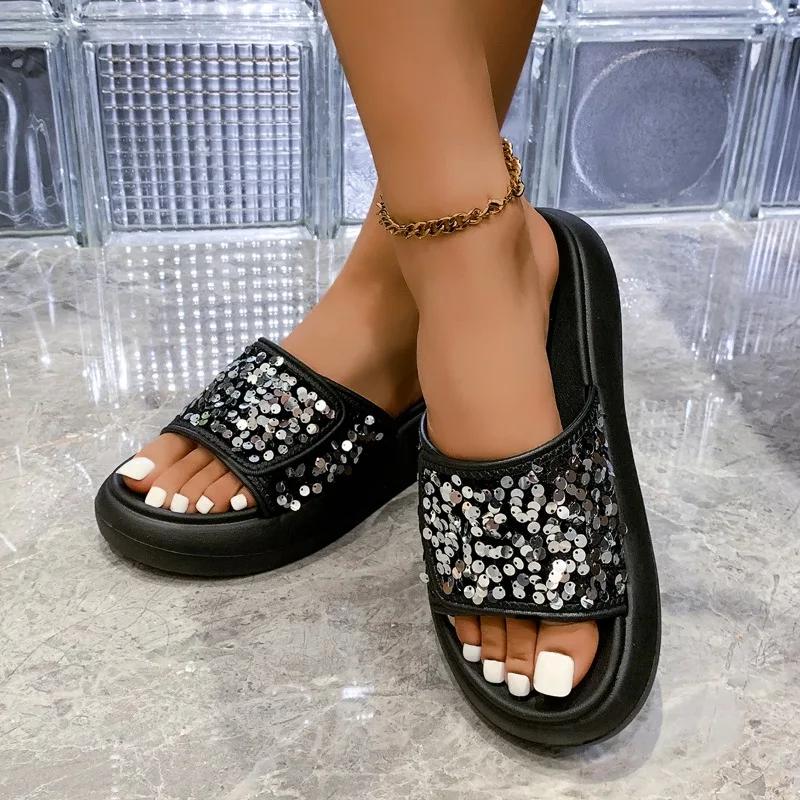 Туфли женские с открытым носком женские тапочки модные повседневные тапочки с блестками женские летние тапочки с круглым носком однотонные плоские тапочки