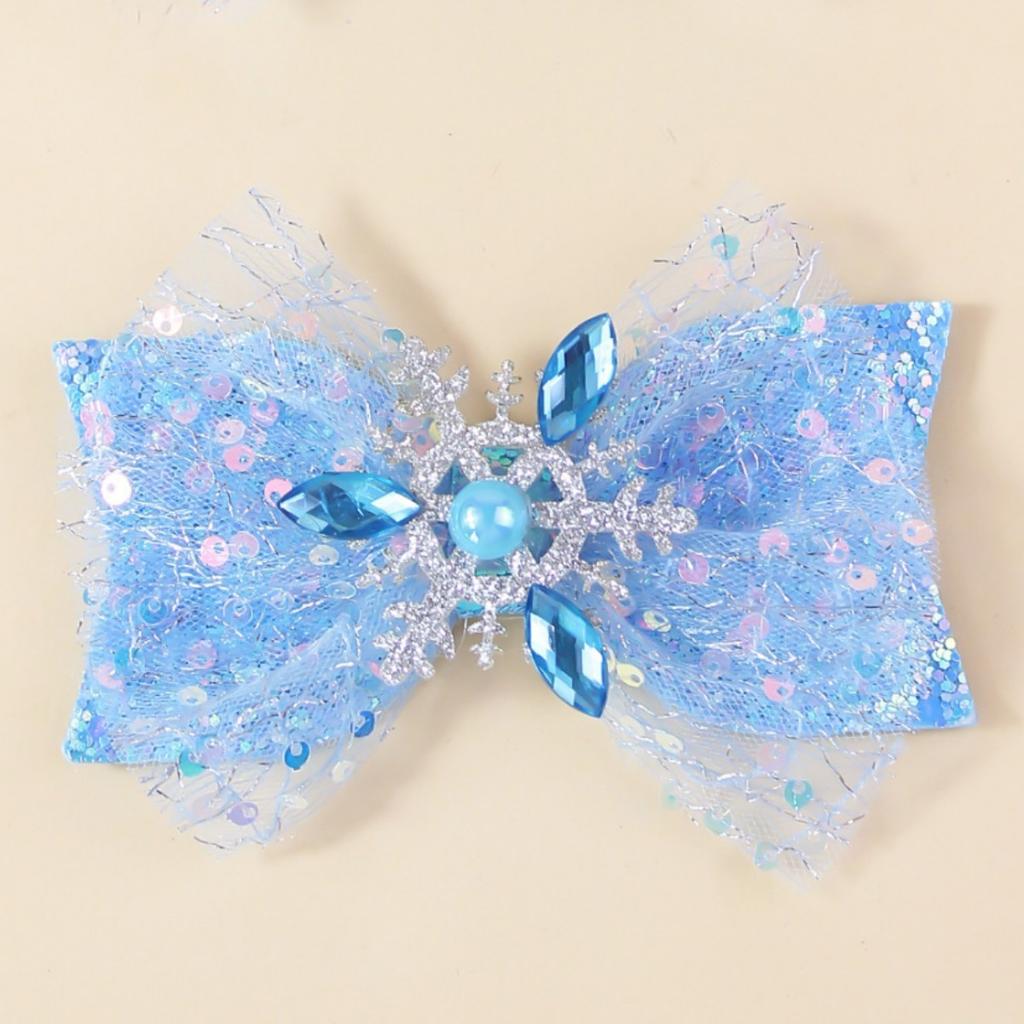 2Pcs Ice and Snow Double Sequin Pearl Bow Hair Accessories Snowflake Mesh Blue Decorative Hair Accessories Headgear