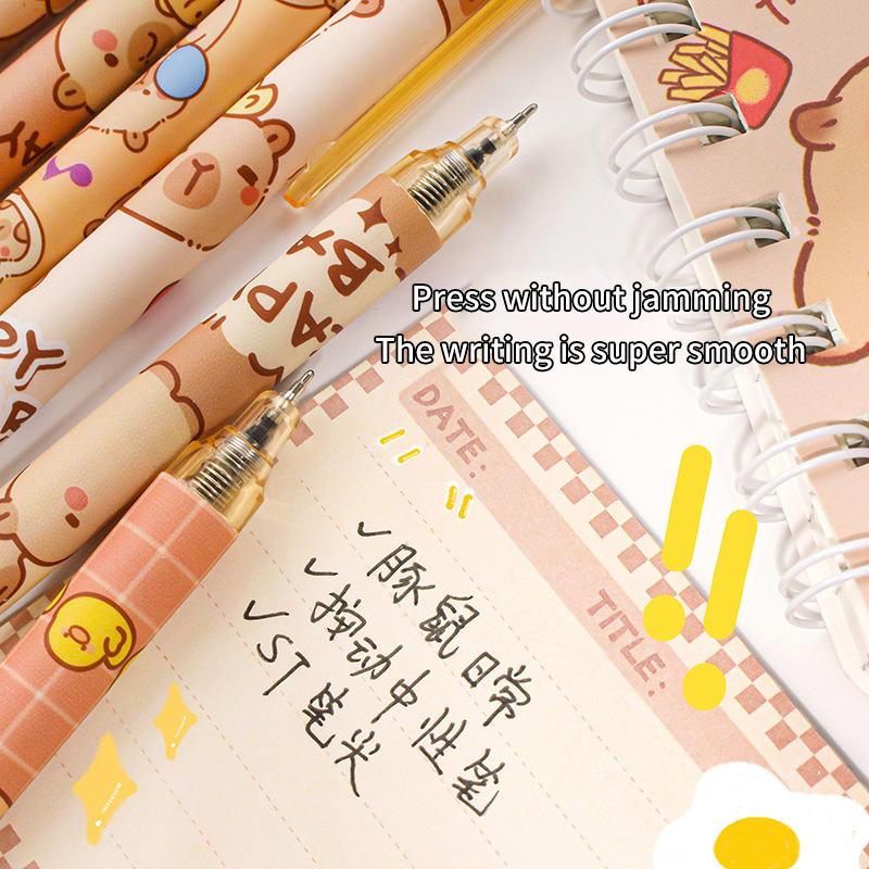 Набор из 6 ручек Kawaii Capybara Gel Pen, быстросохнущие черные и синие чернила, симпатичные гелевые ручки Press, эстетичные канцелярские принадлежности для школы и офиса