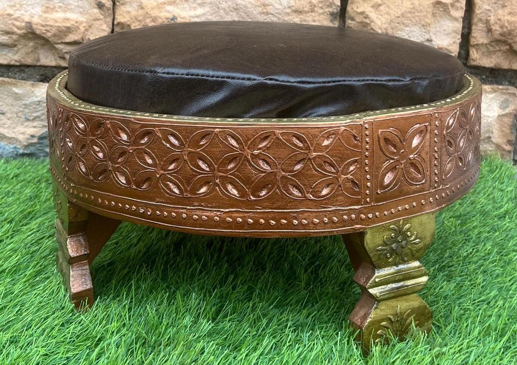 Wooden Round Side Table With Cushion-Carved Sitting Grinder Table-Wooden Bedside Central Table Art Furniture Decor-End Table Art Decor