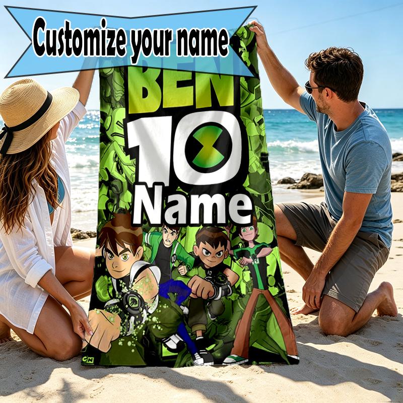 Custom Name Personalized Ben 10 Cartoon Print Beach Towel, for Trip Camping Beach Party Home Decor, Birthday Gift for Family & Friends