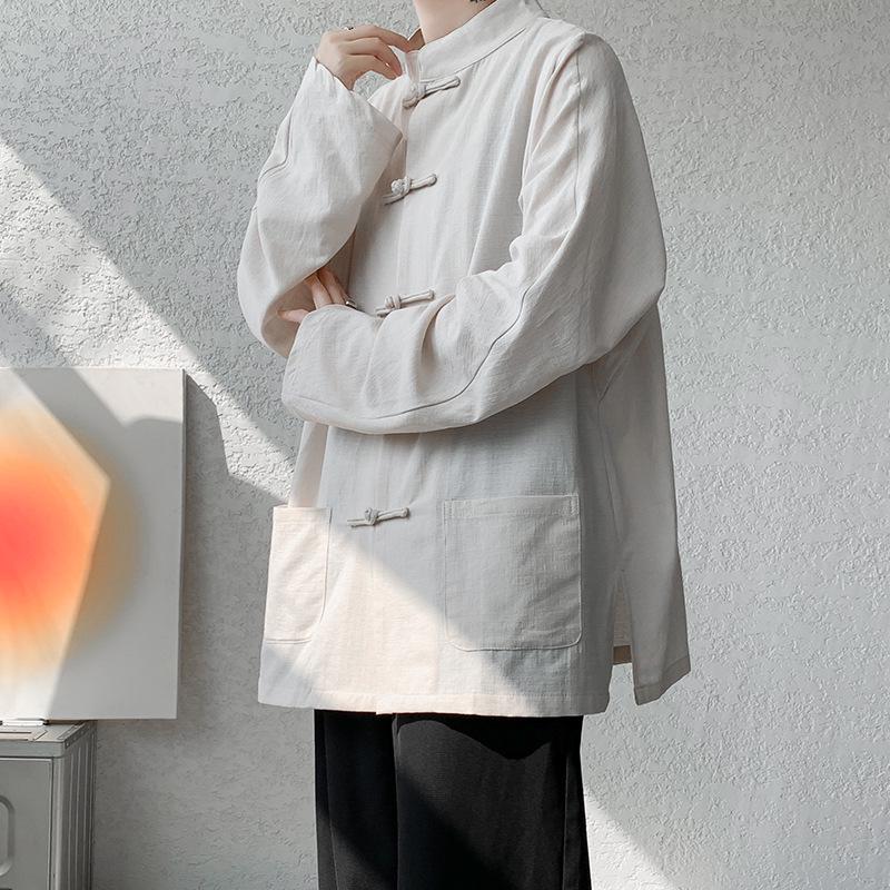 Мужская льняная рубашка с длинным рукавом в китайском стиле с пуговицами, пиджак в стиле ханьфу-тан, большой размер