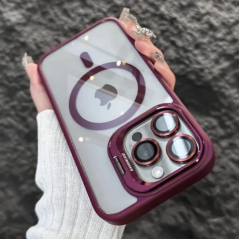 Магнитный противоударный чехол для телефона для iPhone 17 16 15 14 13 12 11 Pro Max для подставки MagSafe, протектор для стеклянного объектива, задняя крышка, Funda