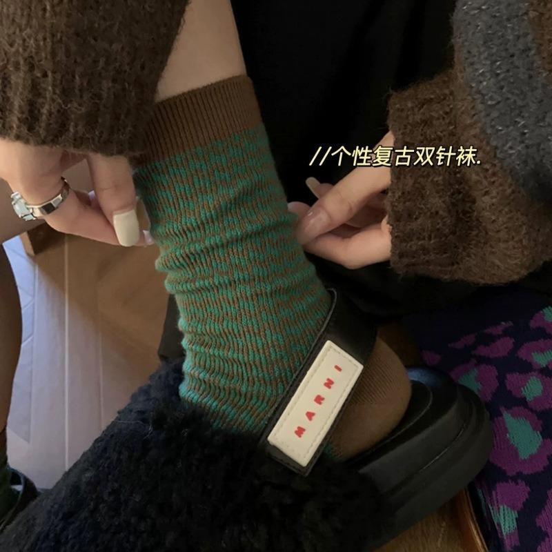 Ретро клетчатые носки, женские полосатые носки до середины икры, махровые носки
