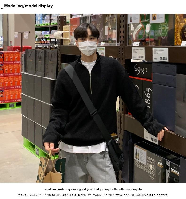 Мужской кардиган в корейском стиле с застежкой-молнией на половину длины: Осенний тренд: красивый и универсальный вязаный свитер с воротником-стойкой.