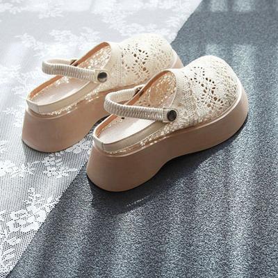 Хлопковые и льняные сандалии, новая летняя сетка с вырезами, толстая подошва, шнуровка, сумка на носке, сетчатые маффины, увеличенная высота, сумка на носке, шлепанцы