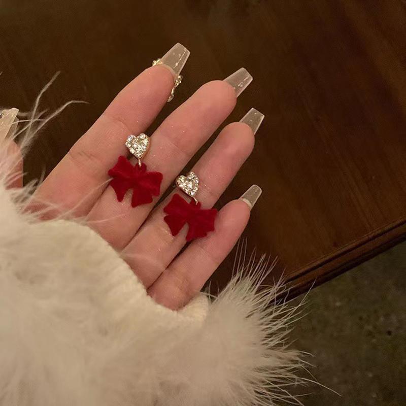 Серьги-бантики из красной флокированной ткани, темпераментные серьги с длинными бахромой в виде сладких цветов