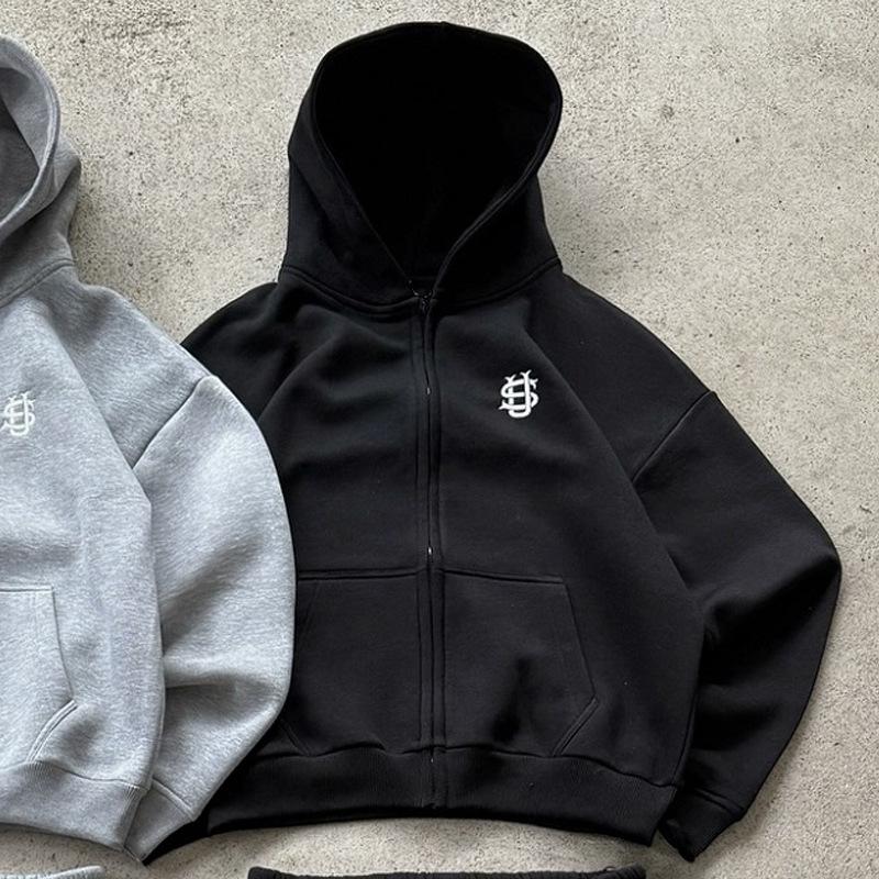 Европейская и американская простая вышивка спортивная мода ретро повседневная молния кардиган толстовка