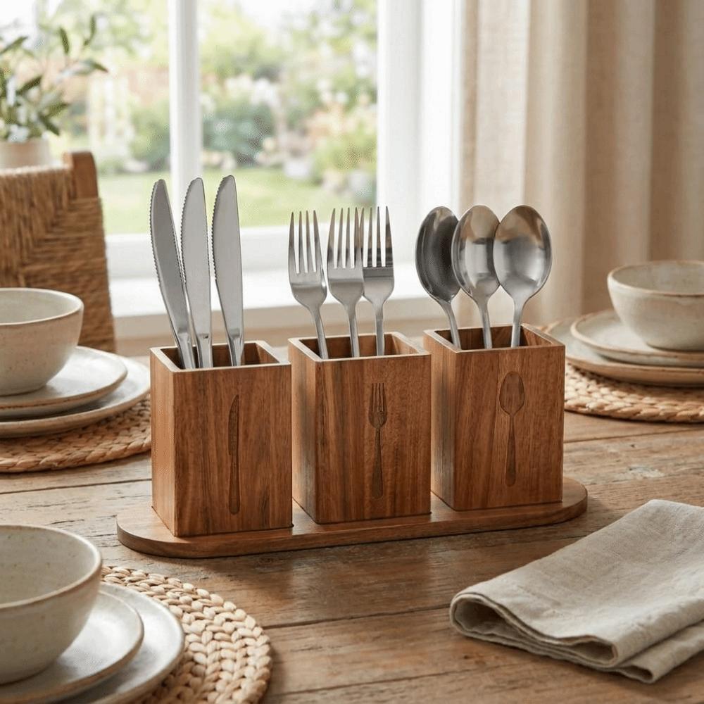 Space Saving 3 Compartment Cutlery Holder Wooden Flatware Organizer Farmhouse