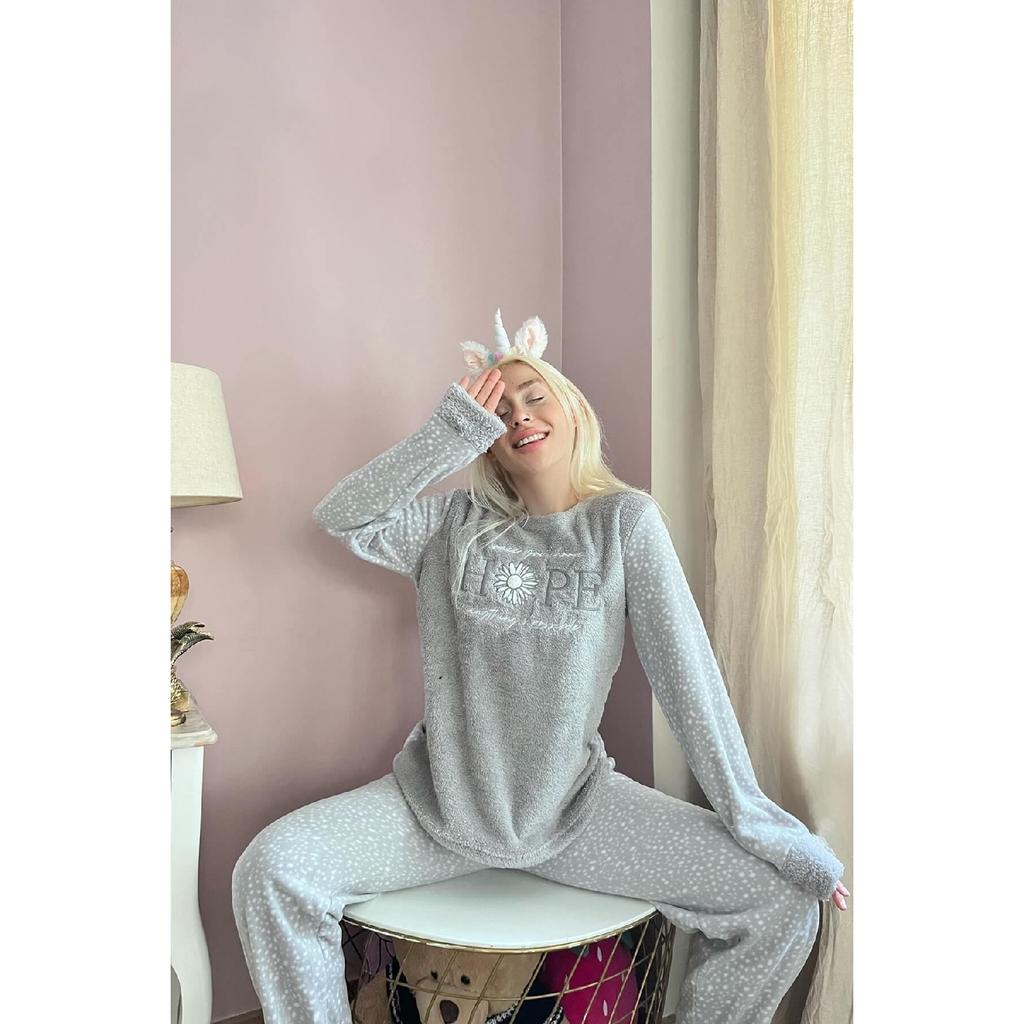 Серый - Женская плюшевая пижама с рисунком Hope