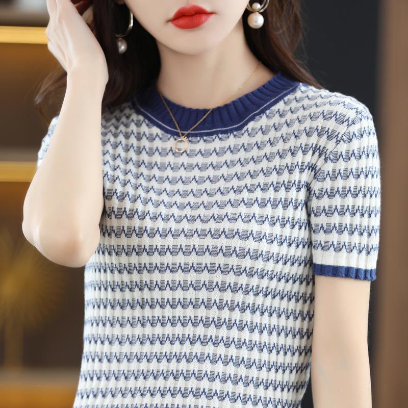 Полосатая трикотажная футболка с коротким рукавом женская весенне-летняя новинка круглый вырез сочетание цветов облегающий хлопковый топ