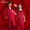 Predestined Match: Bamboo Leaf Jacquard Ice Silk Pajama Set In Festive Red - Autumn/Winter Collection