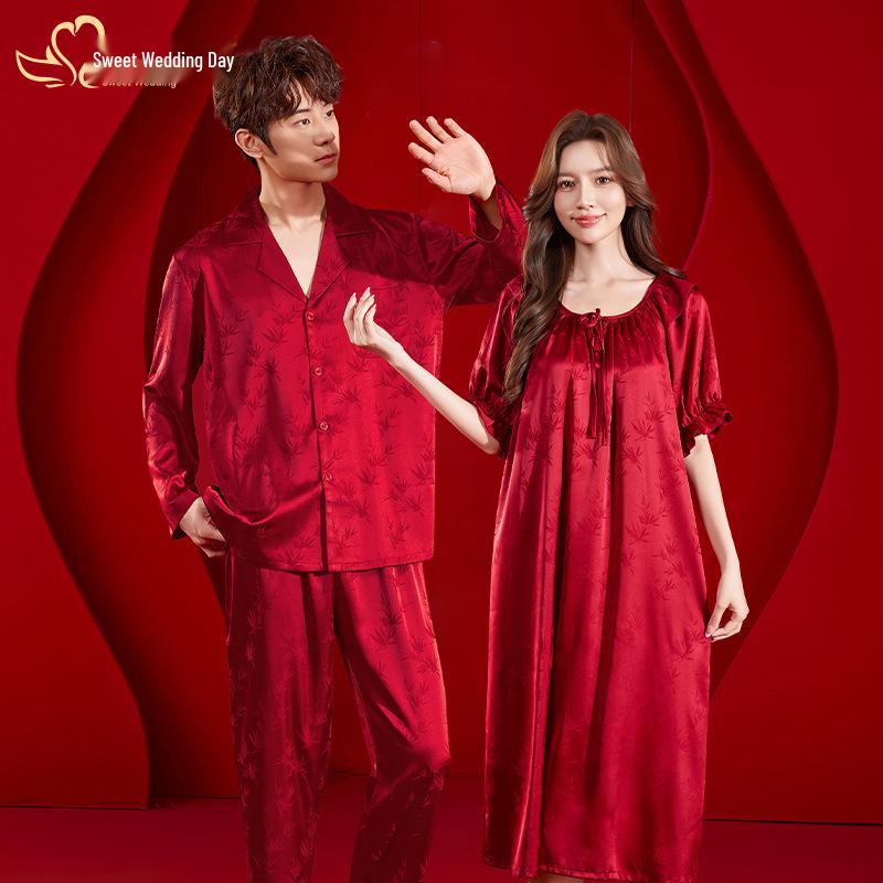 Predestined Match: Bamboo Leaf Jacquard Ice Silk Pajama Set In Festive Red - Autumn/Winter Collection