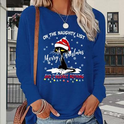 Топы для женщин Смешная милая футболка с принтом кошки Круглый вырез Длинный рукав Осенний повседневный приталенный пуловер Женский топ с длинным рукавом