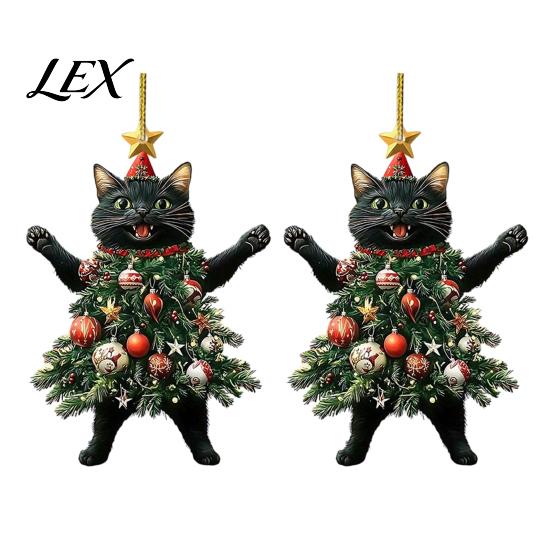 Party Favors for Christmas 2Pcs Cat Acrylic Ornament, 2D Flat Kitty Hanging Pendant with Holiday Supplies Santa Hat Tree Decor, Car Rearview