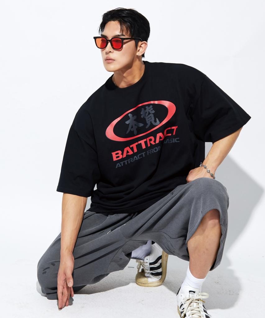 BATTRACT Round Red Essence Oversized Short Sleeve T-Shirt_Black