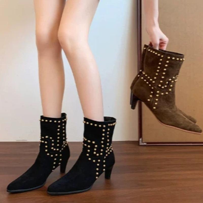 Fashion Fashion Women Boots Autumn Winter Women Shoes Brown Pointed Rivets Short Boots Suede Western Cowboy Ankle Boots Botas Para Mujer
