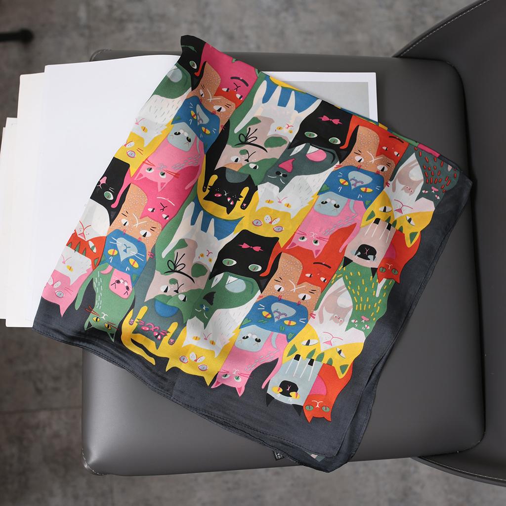 2021 Fashion 70*70cm Square Women Cat Anchor Silk Shawl Scarf Office Lady Hair Neck Headband Foulards Headcloth Muslim Hijab