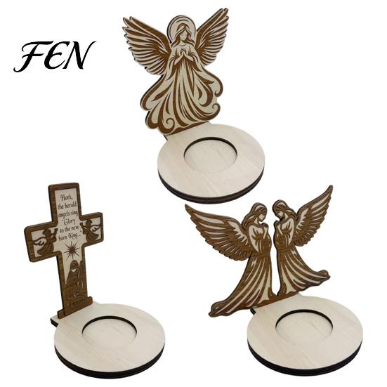 Holiday Home Decorations Wooden Candle Holder, Praying Angel Tabletop Tealight Stand, Religious Poplar Plywood Ornaments Decorative Candlestick