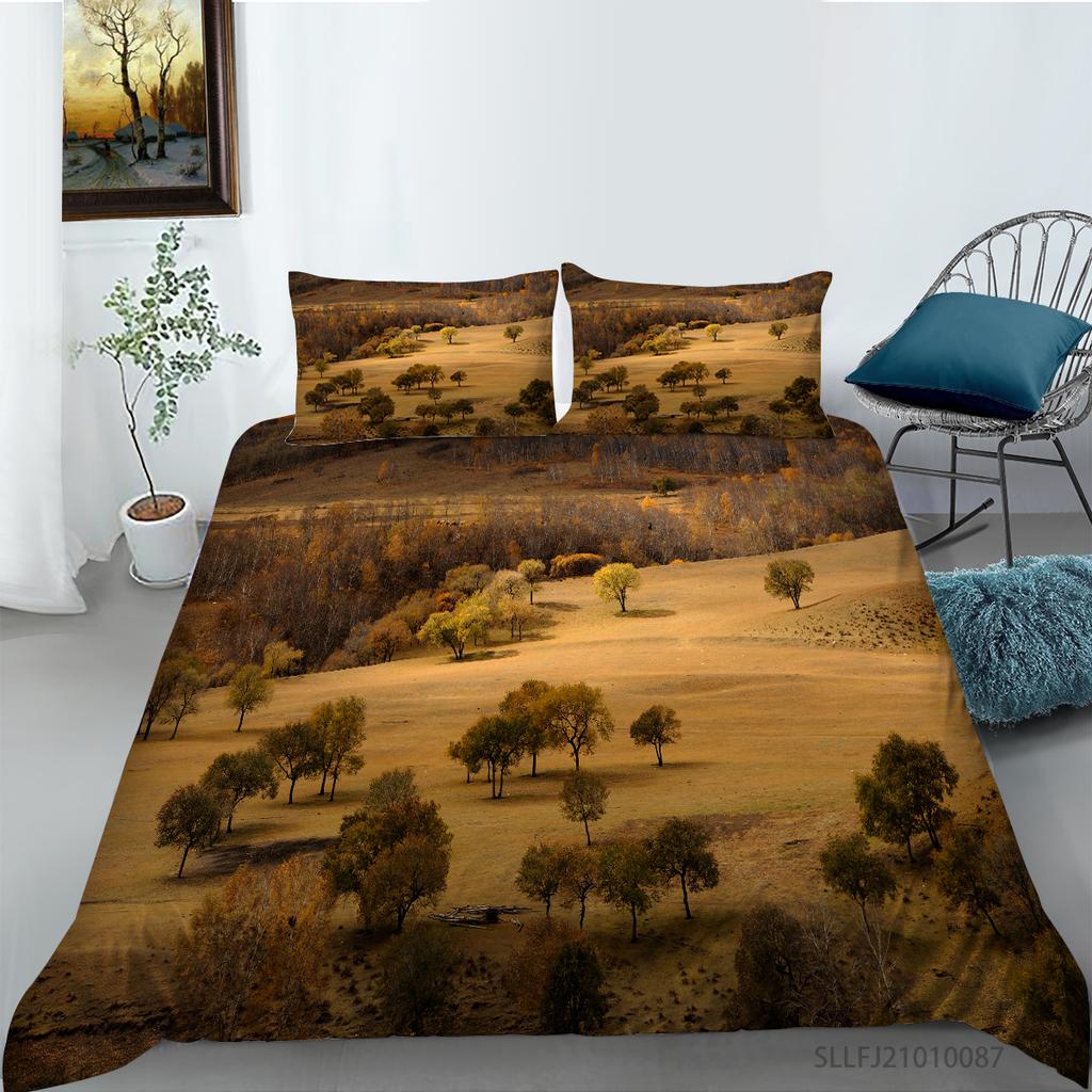 3D Forest Pattern Deluxe Home Bedding Set Full Size Quilt Cover and Pillowcase Landscape Print Washable and Comfortable Bedroom Bedding
