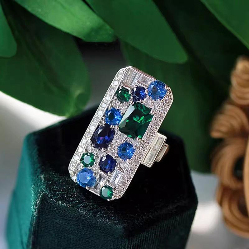 Gorgeous Rectangular Ring for Women Full Shiny Green/Blue Cubic Zirconia Geometric Party Hiphop Statement Finger Jewelry