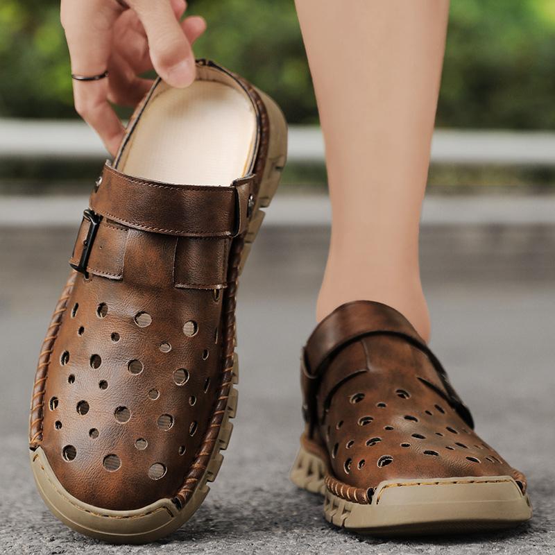 Летняя обувь для мужчин Кожаные сандалии Мужские модные тапочки Закрытый носок Повседневная обувь с ручной прошивкой