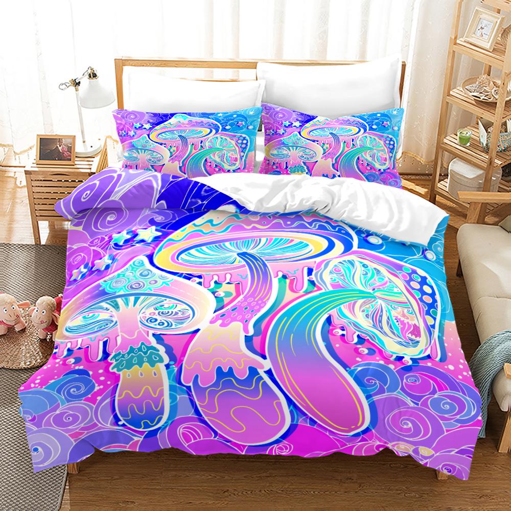 Magic Colorful Mushroom Bedding Set 3D Cartoon Mushroom Bed Linen Single Queen King Full Size Kids Girls Duvet Cover Room Decor
