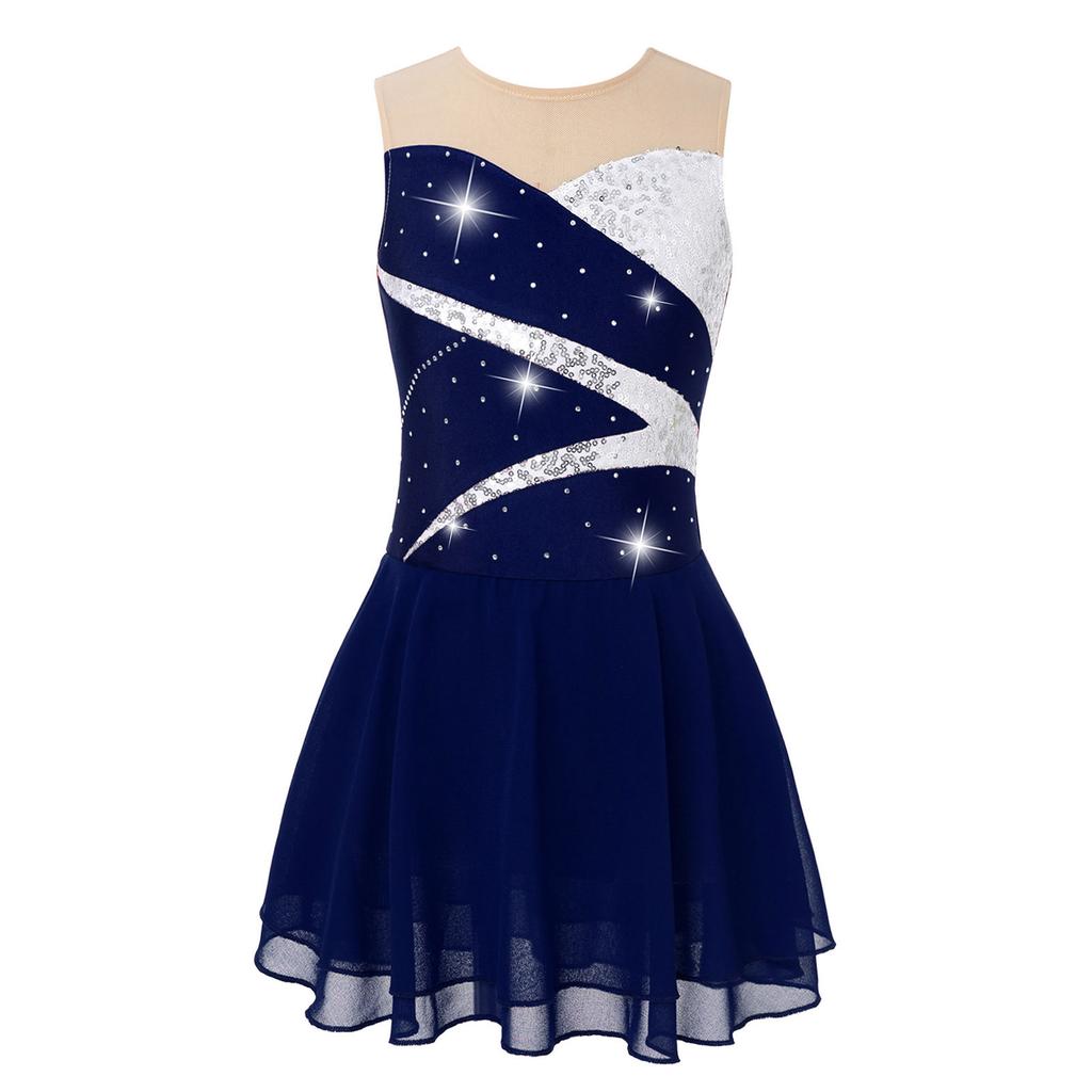 Girls Sparkly Sequined Dance Dress Sleeveless Round Neck Patchwork Hollow Back Design for Ice Skating