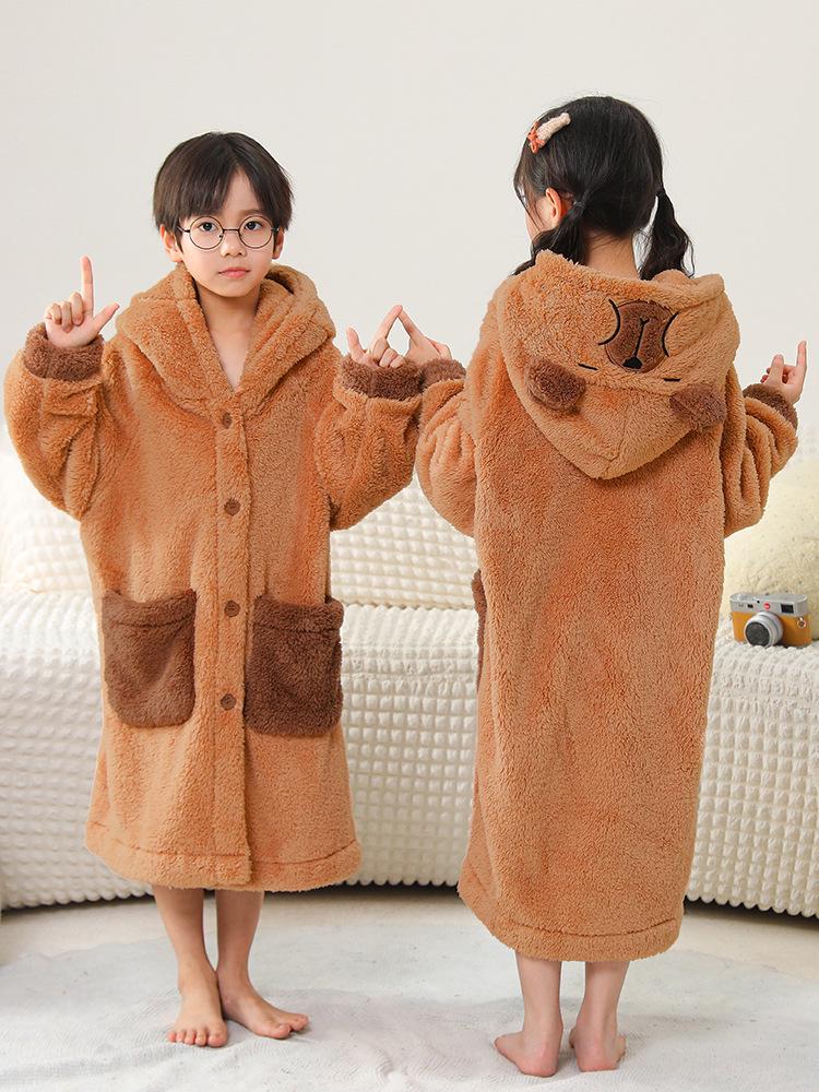 Детская плотная пижама-халат из кораллового флиса с капибарой - Осенне-зимний длинный халат для мальчиков, девочек и малышей