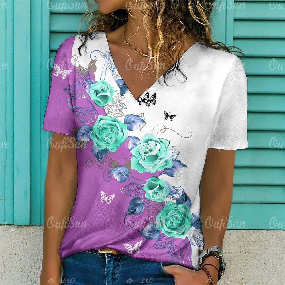 Модные женские футболки с цветочным принтом, топы с короткими рукавами и v-образным вырезом, футболки, повседневные кофты, женская футболка, одежда больших размеров