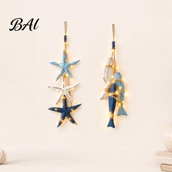 Maritime Inspired Home Accessories Lighted Wooden Fish Starfish Wall Decor, Beachy Decor with Warm LEDs, Rustic Wood Hanging Ornaments Coastal
