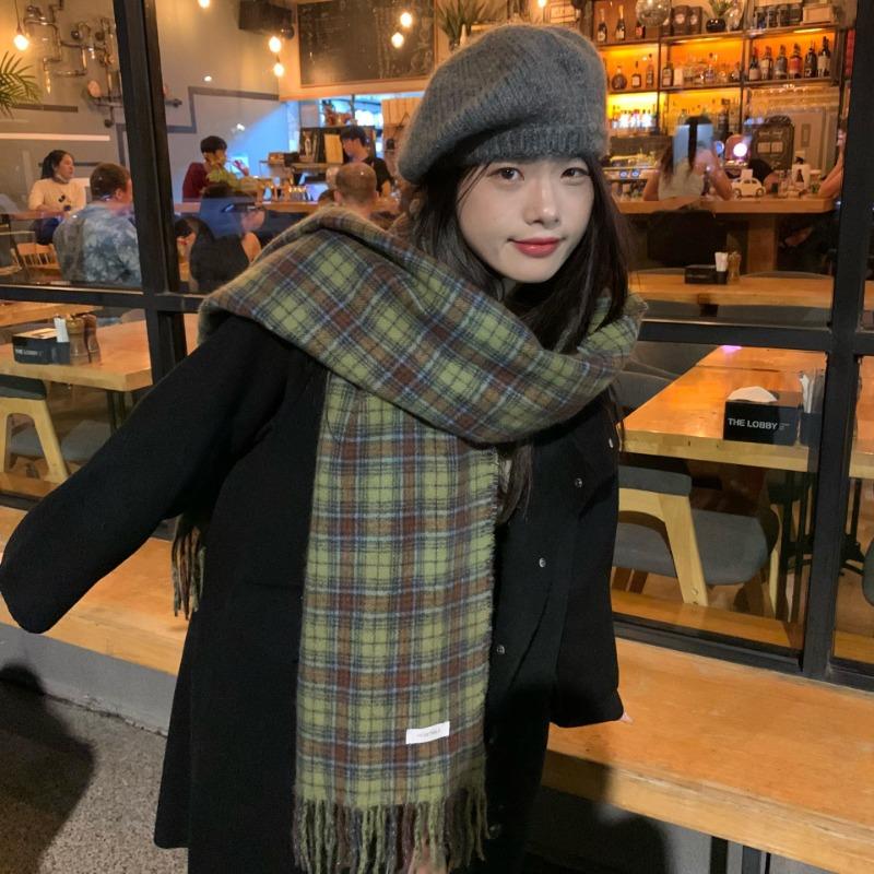 Зеленый винтажный клетчатый шарф для женщин, осенне-зимний универсальный теплый шарф-шаль в корейском стиле