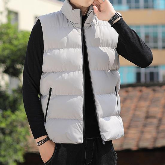 Men Waistcoat Stand Collar Sleeveless Slim Fit Vest Coat with Pockets Solid Color Zipper Closure Windproof Quilted Waistcoat