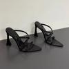 Fashion Summer Pointy Toe Thin High Heels Slippers Women Narrow Band Luxury Rhinestone Mules Slippers Sexy Crystal Party Shoes Woman