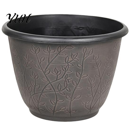 Large Plant Basin with Saucer 12 Inch Thickened Flower Pots for Outdoor Indoor, Plastic Leaf-Pattern Texture Weather Resistant Containers Planter