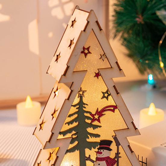 Рождественский деревянный подвесной кулон треугольный светильник Санта-Клаус Снеговик резной полый узор светодиодный светильник деревянное ремесло подарок детям