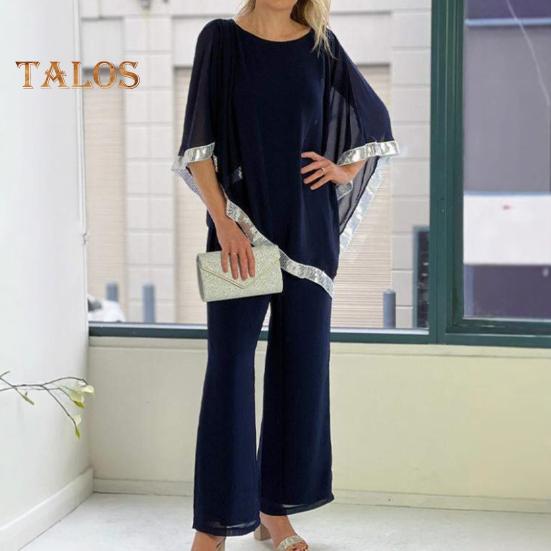 Женский комплект из 2 предметов: топ и брюки, рукава «летучая мышь», неровный подол с пайетками, блузка с круглым вырезом, однотонные широкие брюки, повседневный свободный наряд