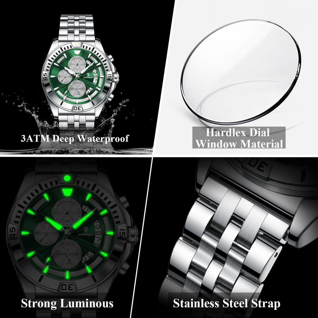 Steel Strap Business Watch Luminous Hands Waterproof Chronograph Calendar Analog Quartz Watch Gift for Male