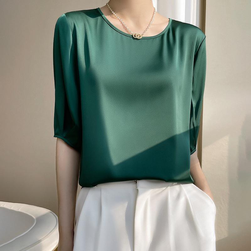 Breathable Silk Women's Round Neck Loose Solid Color Acetate Satin T-Shirt (2024 Spring/Summer Collection)