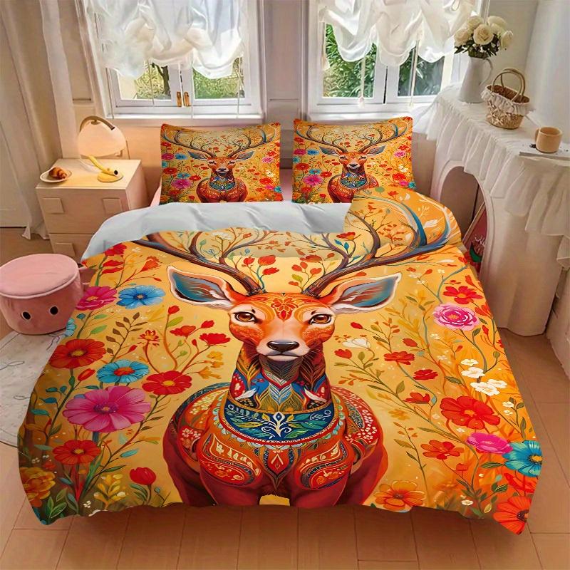 3pcs Animal-themed Deer Flowers Soft and Comfortable Breathability, Bedding Set, Machine Washable, Suitable for All Seasons145