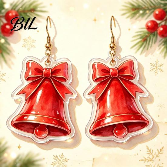 Acrylic Bell Dangle Earrings 1 Pair 2D Christmas for Women, Cute Red Delicate Holiday Gift Friends with Bow, Jewelry Gifts Xmas Party Accessories